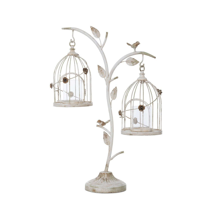 Vintage birdcage candle holder with hanging lanterns in antique white, perfect for adding old-world charm to any decor.