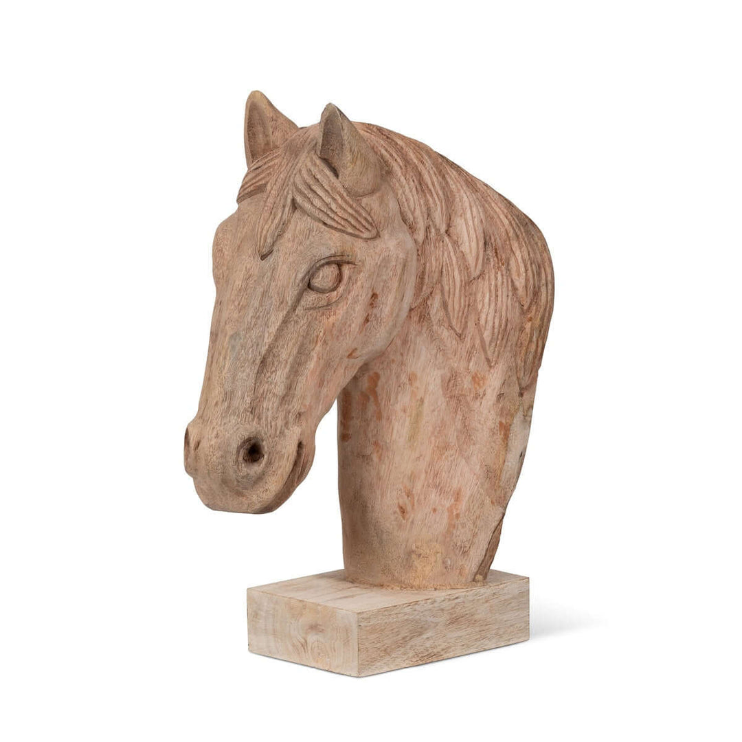 Rustic wooden horse head sculpture for farmhouse decor, hand-carved detailed art piece with noble expression and flowing mane.
