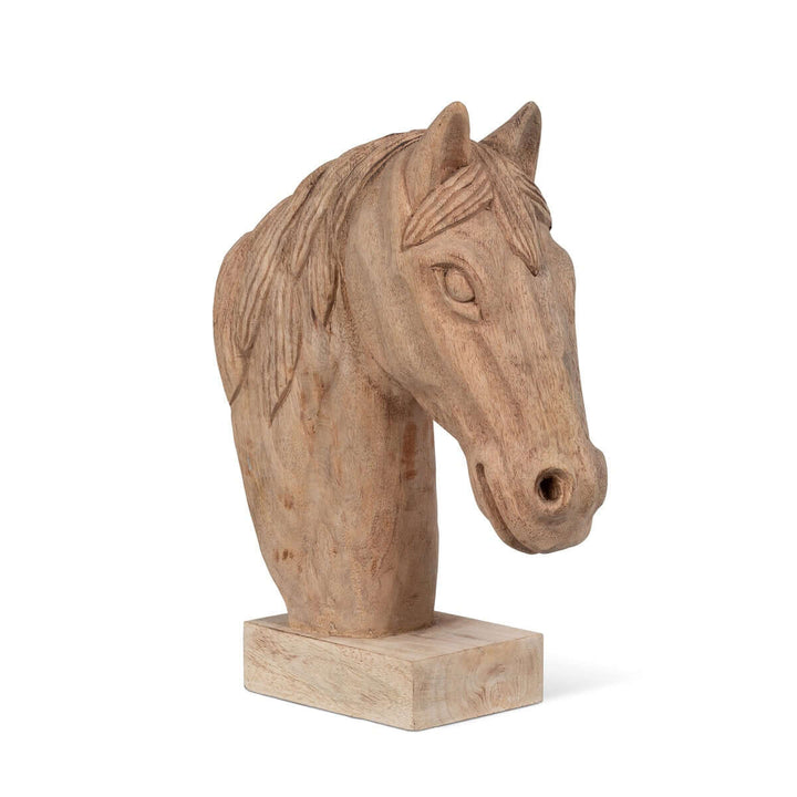 Rustic wooden horse head sculpture for farmhouse decor, hand-carved with detailed expression and natural wood finish.
