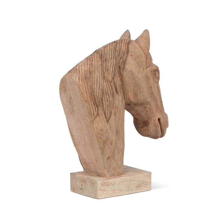 Rustic wooden horse head sculpture for farmhouse decor, hand-carved with detailed mane and noble expression on a natural wood base.