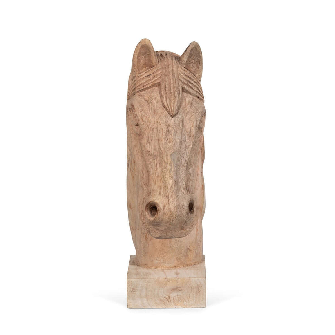 Rustic wooden horse head sculpture for farmhouse decor, handcrafted from natural wood with intricate details and flowing mane.