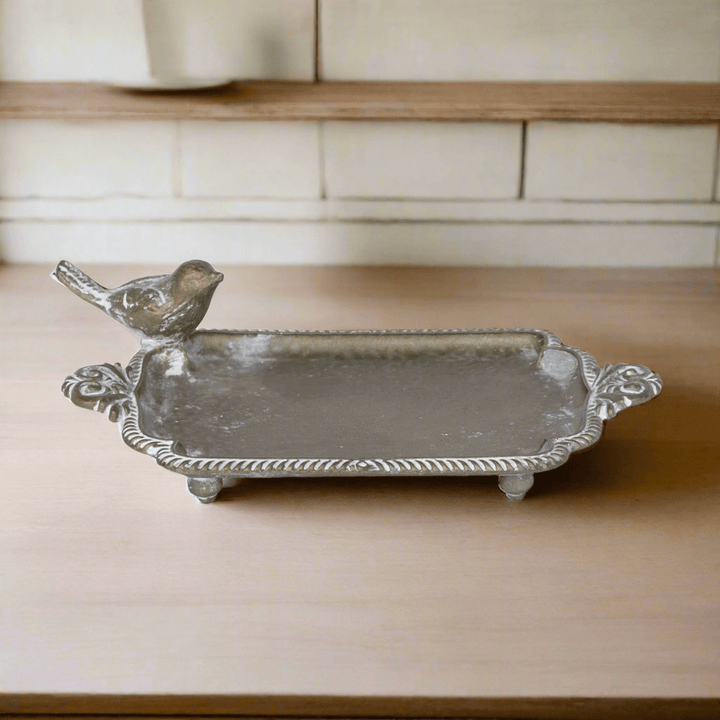 Antique brass bird soap dish with vintage charm, perfect for cottage bathrooms, cast from zinc alloy with a brass patina finish.