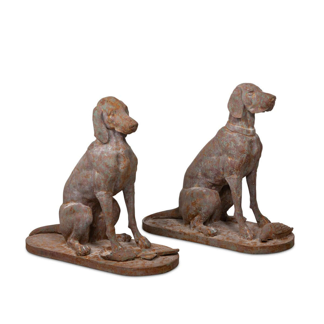 Rustic cast iron hunting dog sculptures set, adding elegance to home or garden with English country charm.