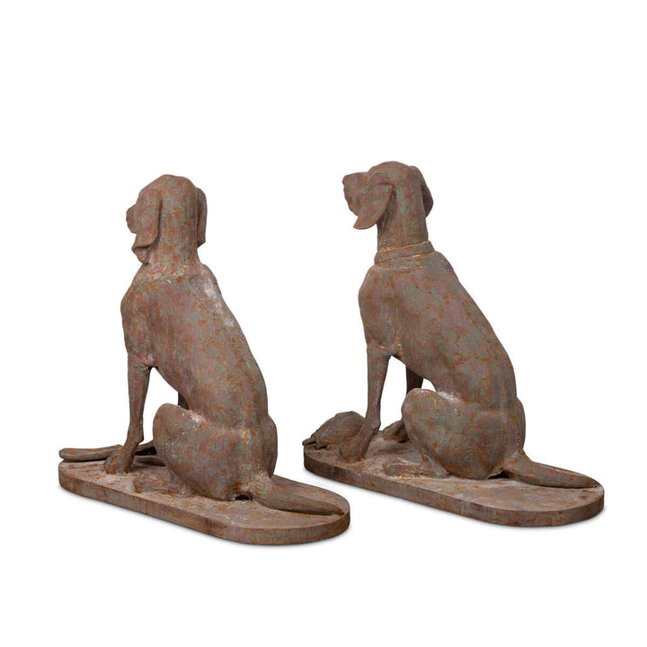 Set of 2 rustic cast iron hunting dog sculptures for home decor