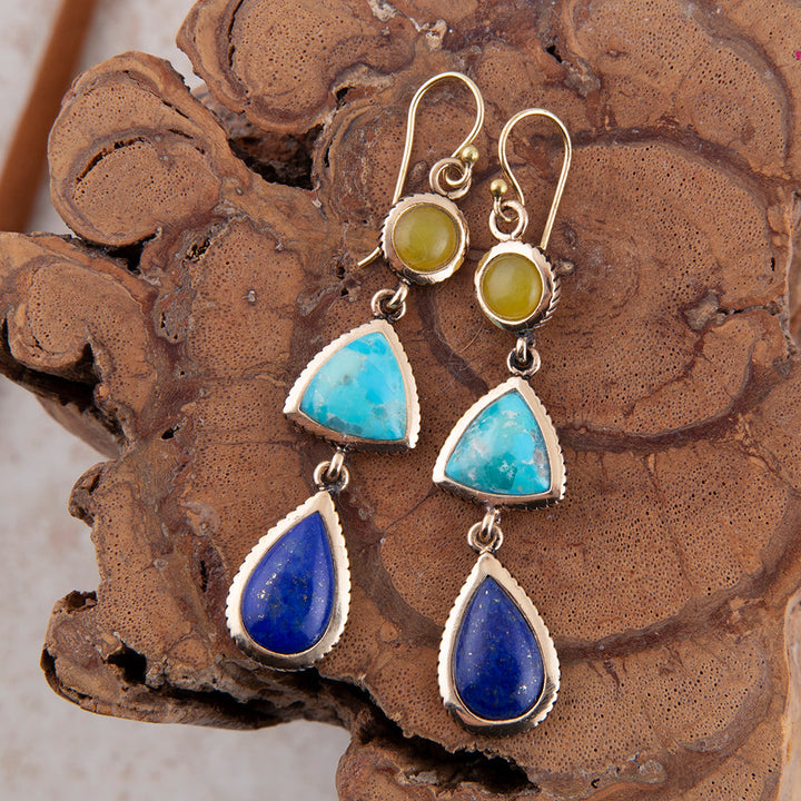 Yellow Quartz and Blue Turquoise Golden Drop Earrings