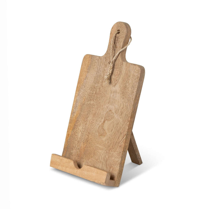 Wooden farmhouse cookbook holder with cutting board design, ideal for rustic kitchens, crafted to resemble a classic paddle cutting board.