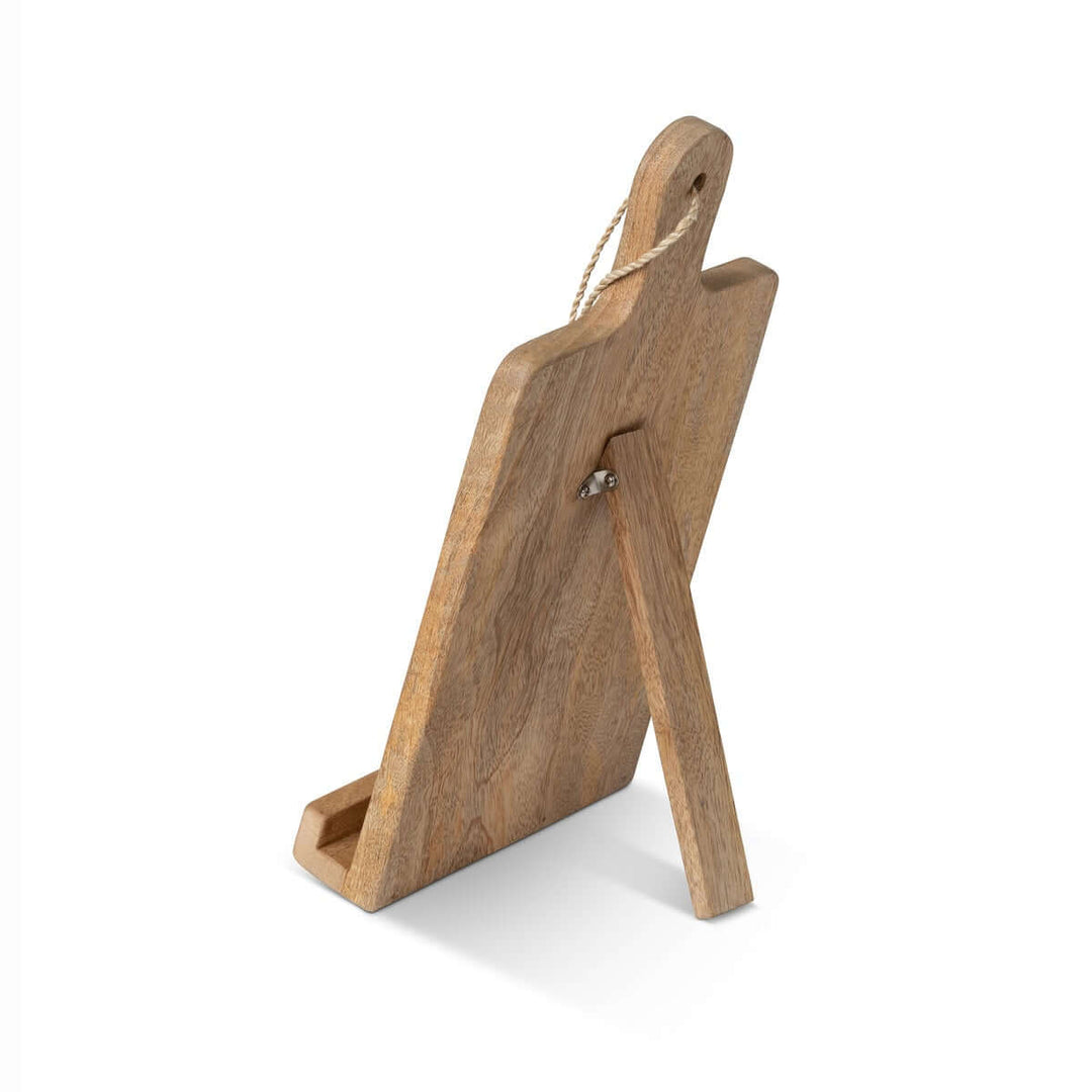 Rustic wooden farmhouse cookbook holder with cutting board design, ideal for kitchen decor and recipe display.