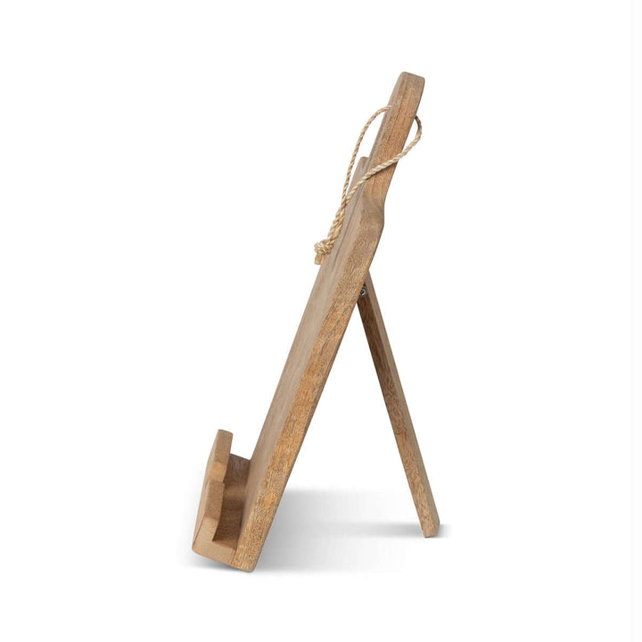 Side view of a wooden farmhouse cookbook holder with cutting board design and rustic rope accent, perfect for country kitchens.