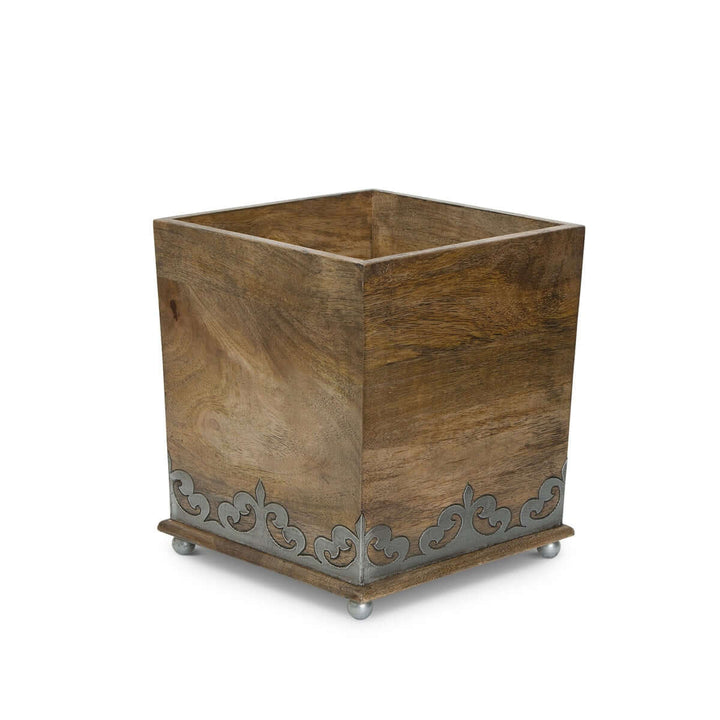 Vintage Wood Waste Basket with Metal Inlay