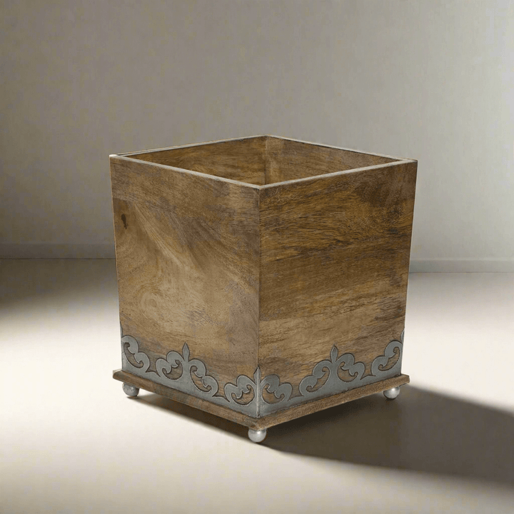 Vintage Wood Waste Basket with Metal Inlay