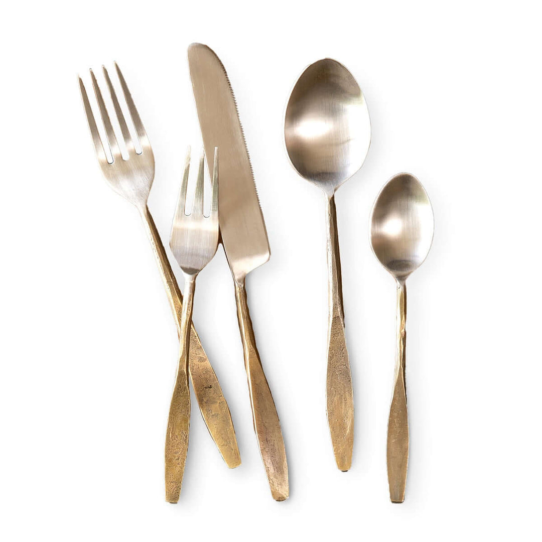 Hand-Forged Antique Gold Flatware Set with artisanal forks, knife, and spoons, offering a nostalgic and elegant dining experience for six.