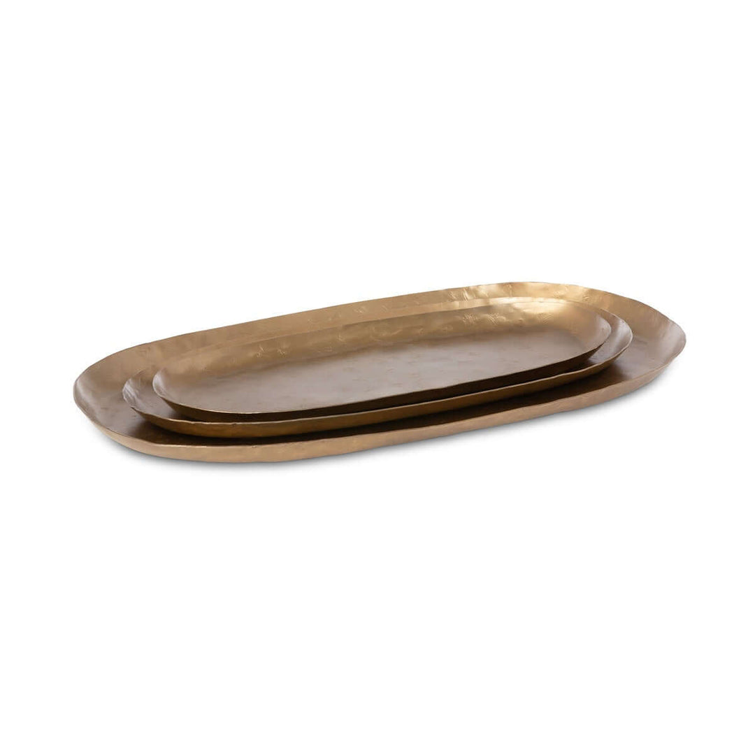 Vintage Gold Iron Serving Tray Set with three hand-hammered oval trays, featuring an antiqued gold finish and elegant design.