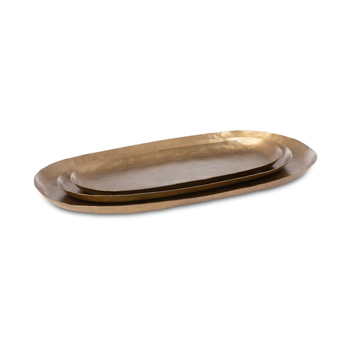 Vintage Gold Iron Serving Tray Set with three hand-hammered oval trays, featuring an antiqued gold finish and elegant design.