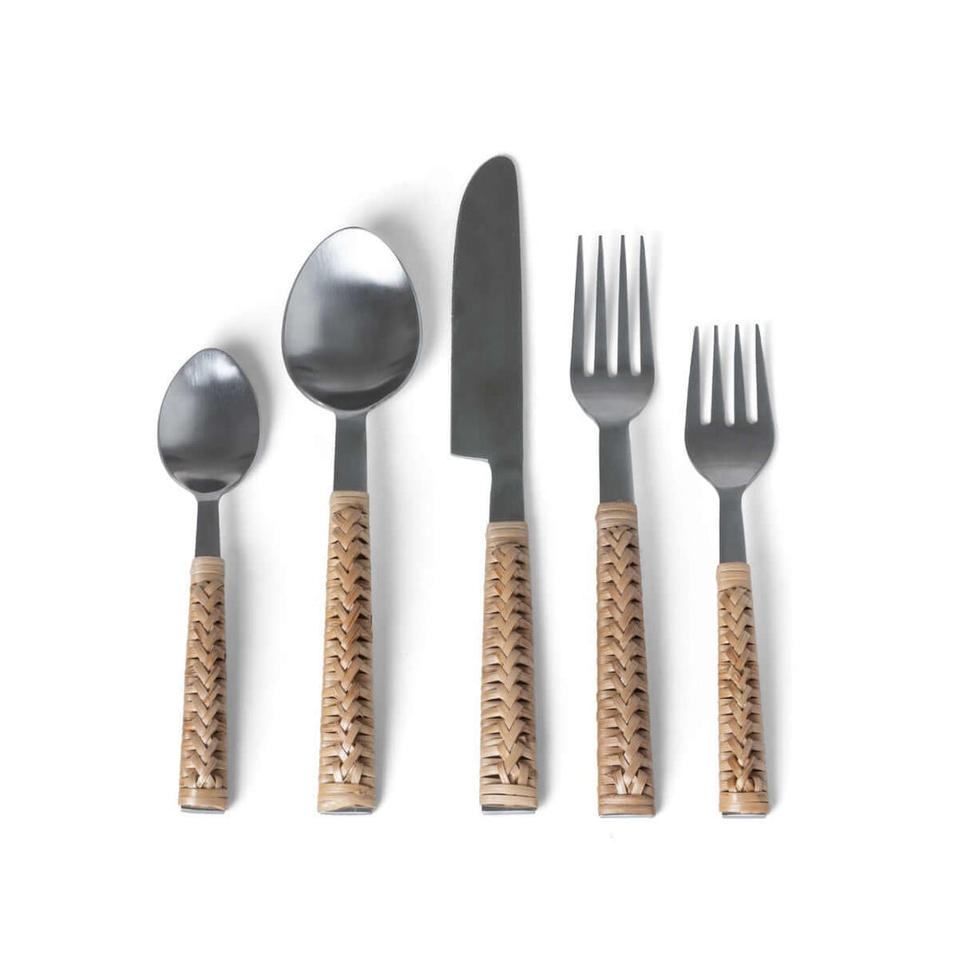 Handwoven Bamboo and Stainless Steel Cutlery Set showcasing vintage-inspired design and craftsmanship, set of 4 pieces.