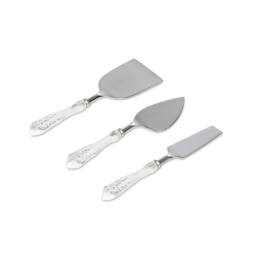 Embossed White Enamel Cheese Knife Set with stainless steel blades and vintage-style aluminum handles.