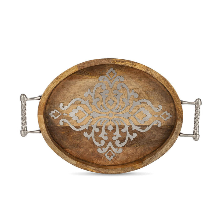 Rustic mango wood serving tray with decorative metal handles and intricate design, perfect for timeless gatherings and home decor.