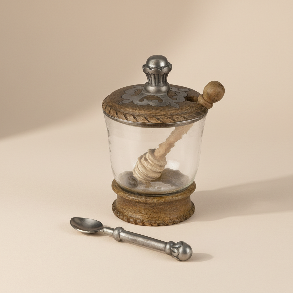 Decorative glass honey jar with wooden and metal lid and spoon on a beige background