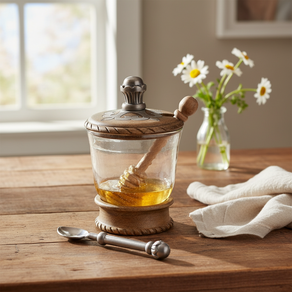 Decorative glass honey jar with wooden and metal lid and spoon on wooden kitchen table with flowers