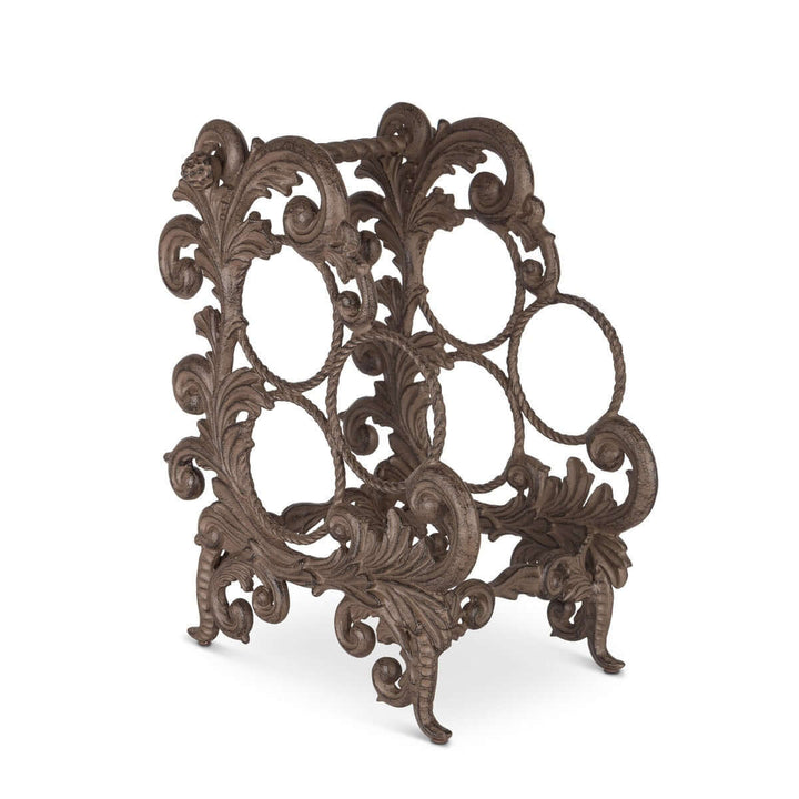 Vintage Acanthus Leaf Cast Aluminum Wine Rack with antique bronze finish and ornate design, featuring a European elegance motif.
