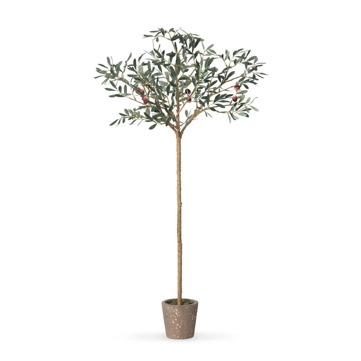 Faux olive tree topiary in a vintage pot with silvery-green leaves, ideal for adding Mediterranean charm to home décor.