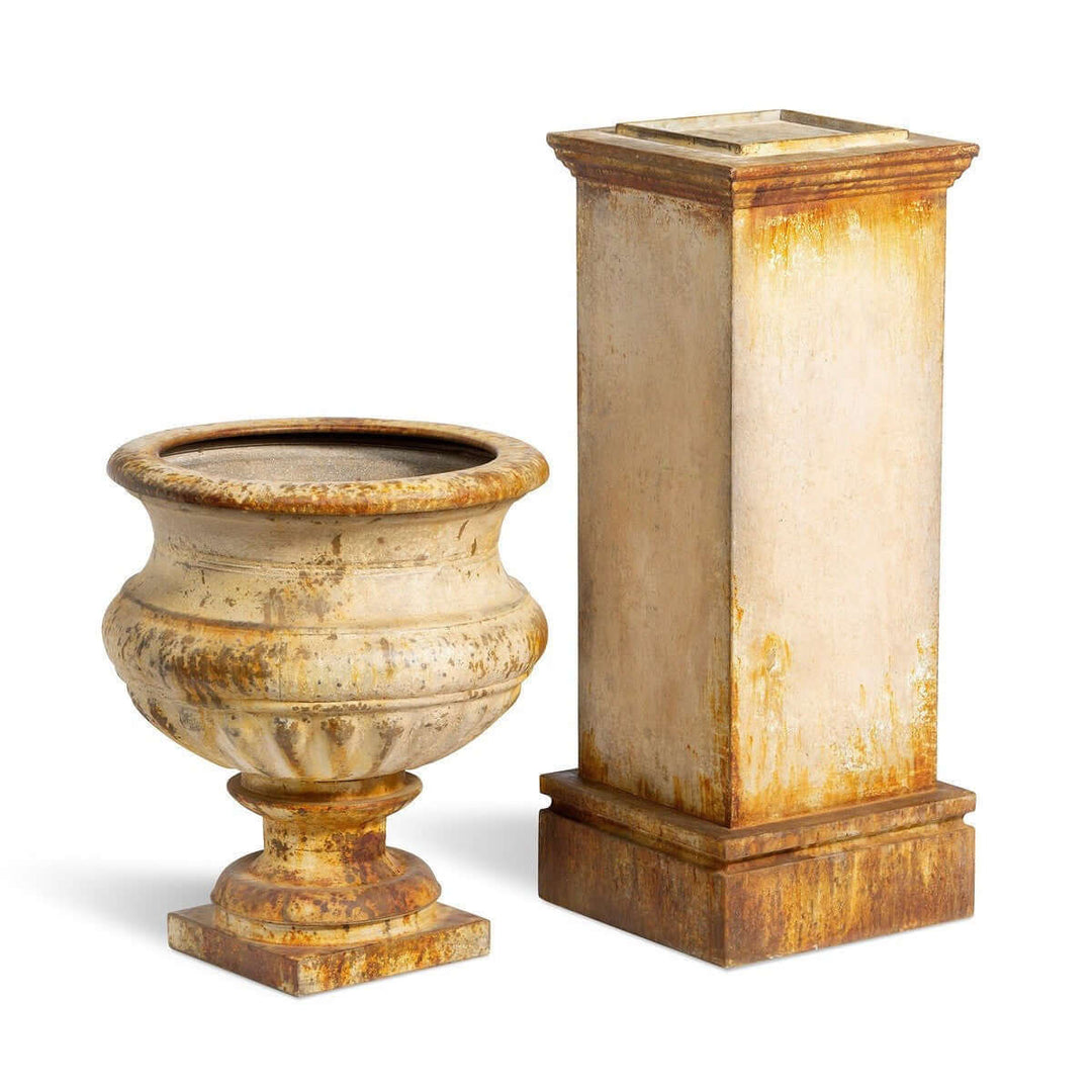 Montclair Grand Iron Portico Urn with Tall Pedestal – Rust Patina, alternate view