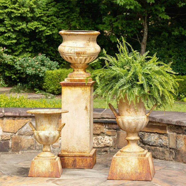 Montclair Grand Iron Portico Urn with Tall Pedestal – Rust Patina, detail view