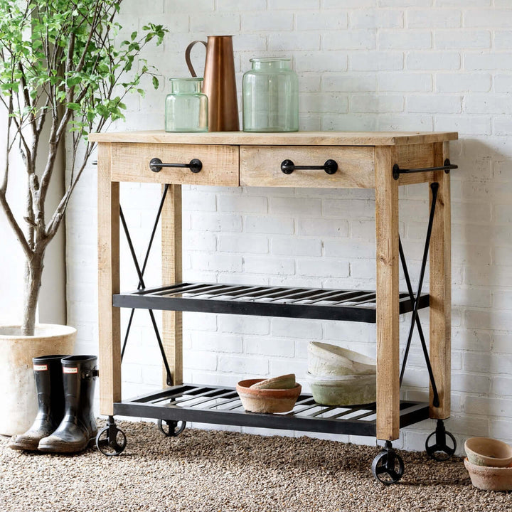 Vintage rolling garden cart with drawers made of rustic mango wood and black iron, styled with pots and jars against a white brick wall.