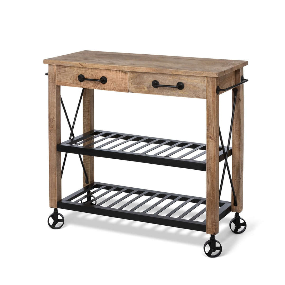 Vintage rolling garden cart with drawers crafted from mango wood and black iron, featuring rustic charm and functional design.