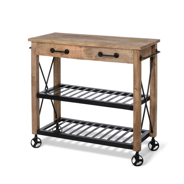 Vintage rolling garden cart with drawers crafted from mango wood and black iron, featuring rustic charm and functional design.