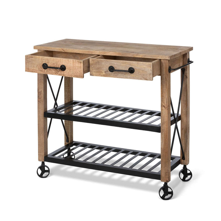 Vintage rolling garden cart with drawers made of rustic mango wood and black iron, featuring a classic design for outdoor use.