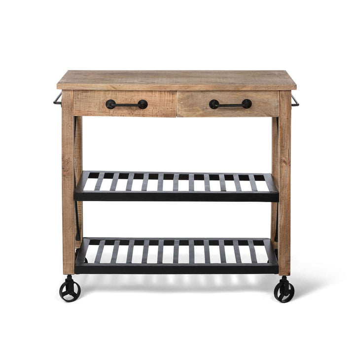 Vintage rolling garden cart with drawers made of rustic mango wood and black iron, featuring wheels for mobility.