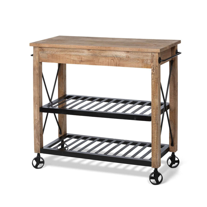 Rustic vintage rolling garden cart with mango wood top and black iron shelves, evoking classic charm and craftsmanship.