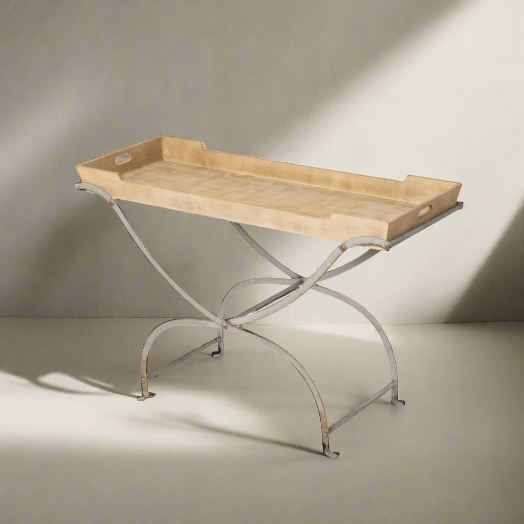 Vintage Wooden Tray Console Table with elegant metal legs and smooth wooden top, perfect for farmhouse and coastal decor settings.