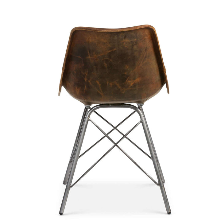 Back view of vintage industrial desk chair with distressed brown leather seat and metal legs, showcasing timeless style and craftsmanship.