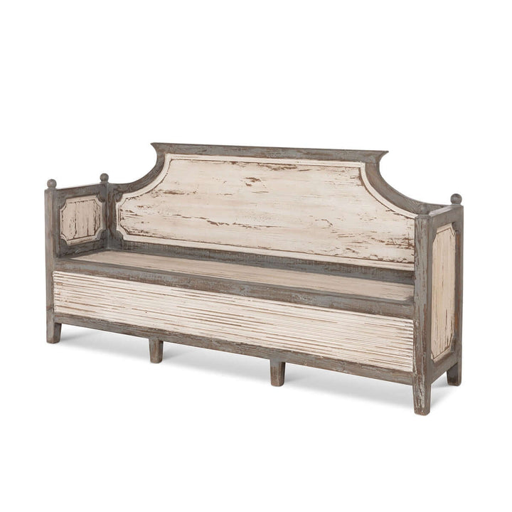 Antique distressed wood French country bench with curved back and panel accents