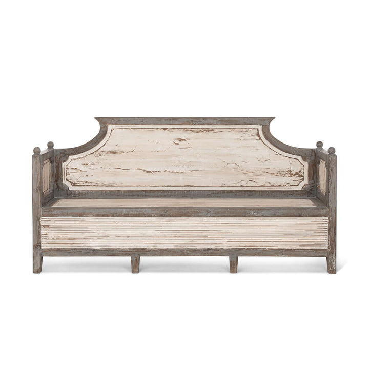 Antique distressed wood French country bench with curved back and panel accents, perfect for rustic elegance in home decor.