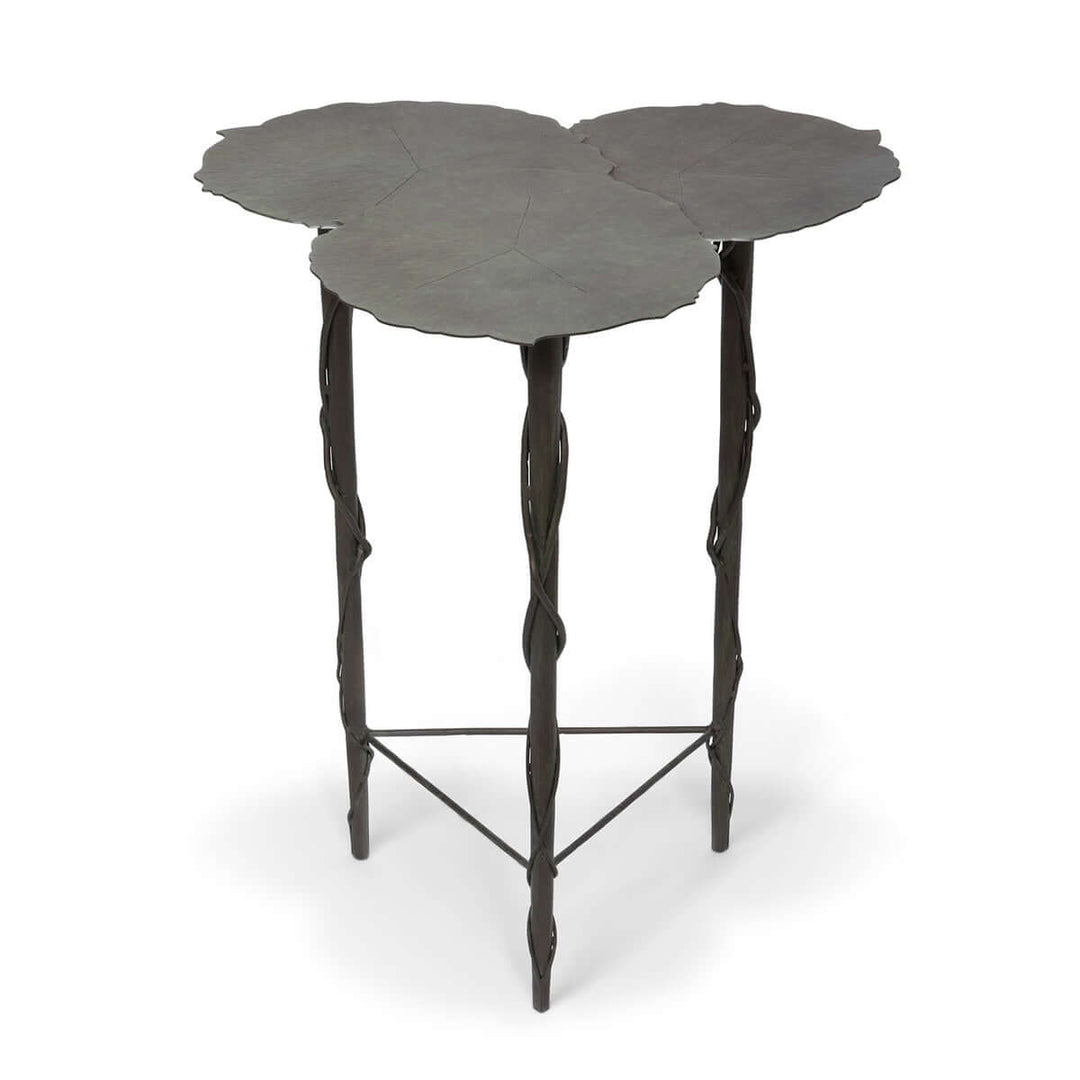 Lily Pad Side Table in aged patina iron with overlapping tops resembling veined lily pads, ideal for outdoor garden decor.