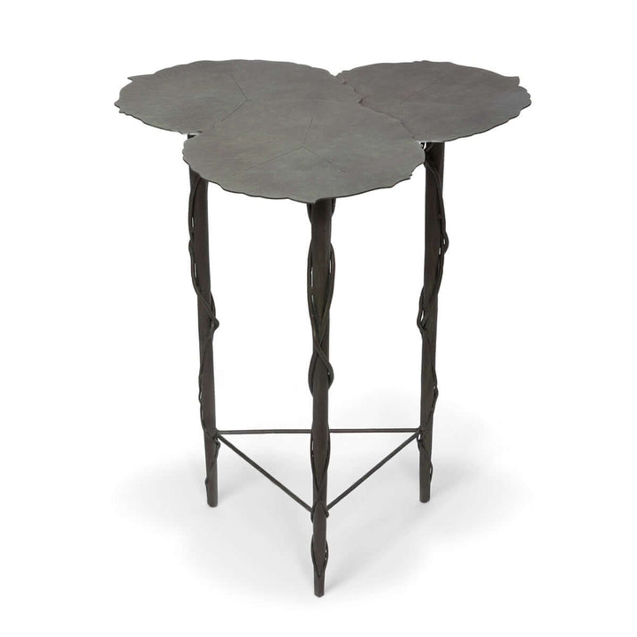 Lily Pad Side Table in aged patina iron with overlapping tops resembling veined lily pads, ideal for outdoor garden decor.