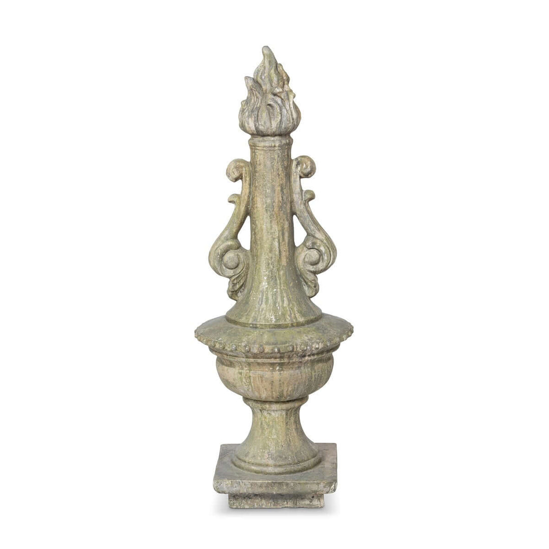 Antique Grecian Garden Torch Statue with weathered texture and hand-painted finish, nearly four feet tall outdoor sculpture.