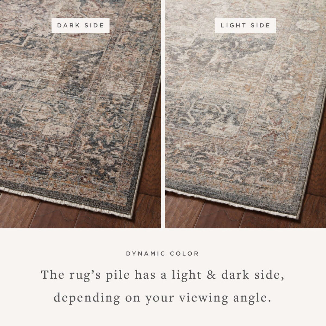 Dynamic color comparison of traditional distressed loomed rug showing light and dark sides with vintage medallion design.