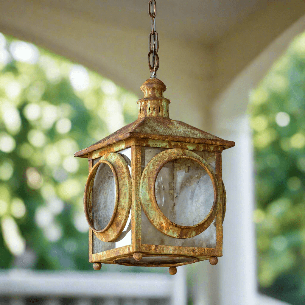 Aged Metal Lantern Pendant with rustic coastal design, inspired by classic portico lanterns, evoking a seaside porch ambiance.