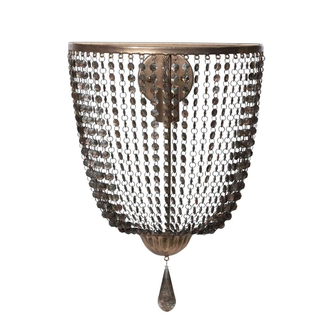 Antique gold crystal wall sconce with vintage chain shade, featuring smokey crystals and elegant bead detailing.