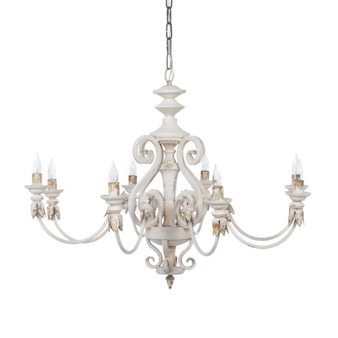 Rustic French Country chandelier with cream finish and gold leaf accents highlighting elegant, antique design.