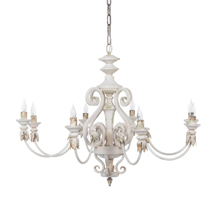 Rustic French Country chandelier with cream finish and gold leaf accents highlighting elegant, antique design.
