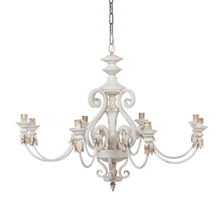Rustic French Country chandelier with gold leaf accents and distressed cream finish, evoking antique Provence charm.