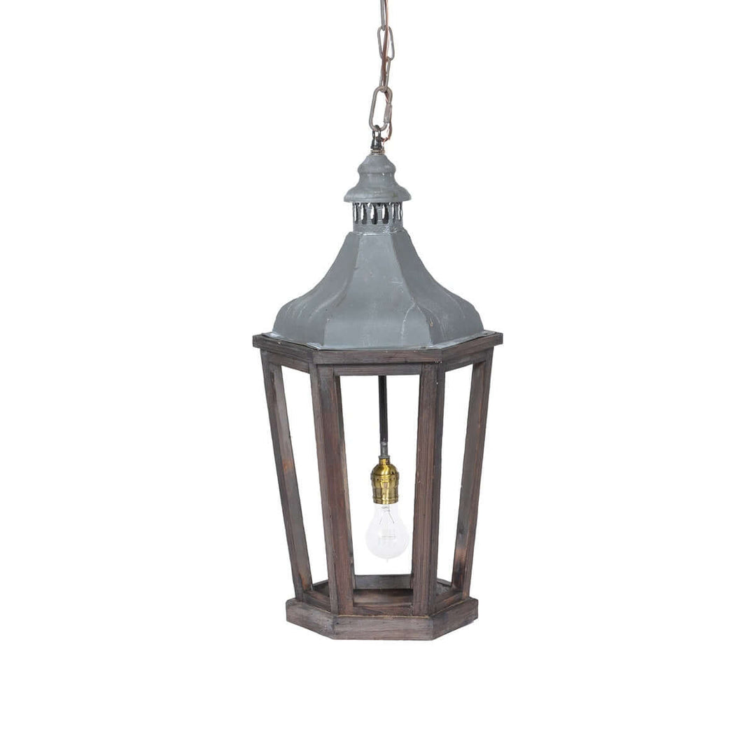 Decorative hanging lantern with a wooden frame and glass cover on a white background
