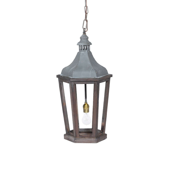 Decorative hanging lantern with a wooden frame and glass cover on a white background