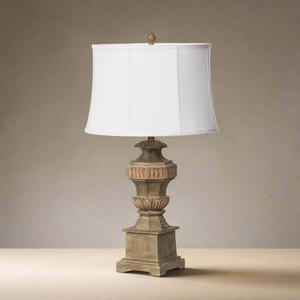 Vintage Greek Column Table Lamp with sculpted resin base and white shade, inspired by ancient Greek architecture.