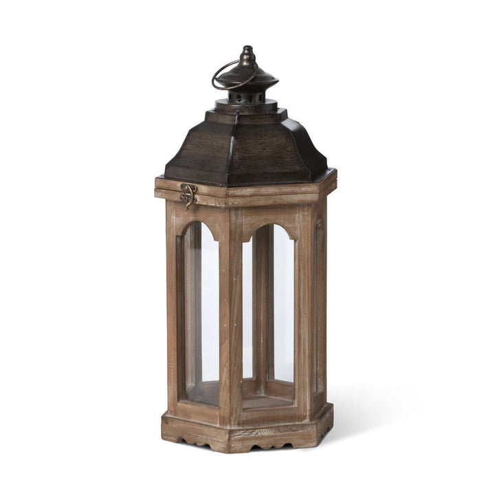 Vintage rustic wooden lantern with hexagonal design for farmhouse and cottage decor, evokes warmth and nostalgia.