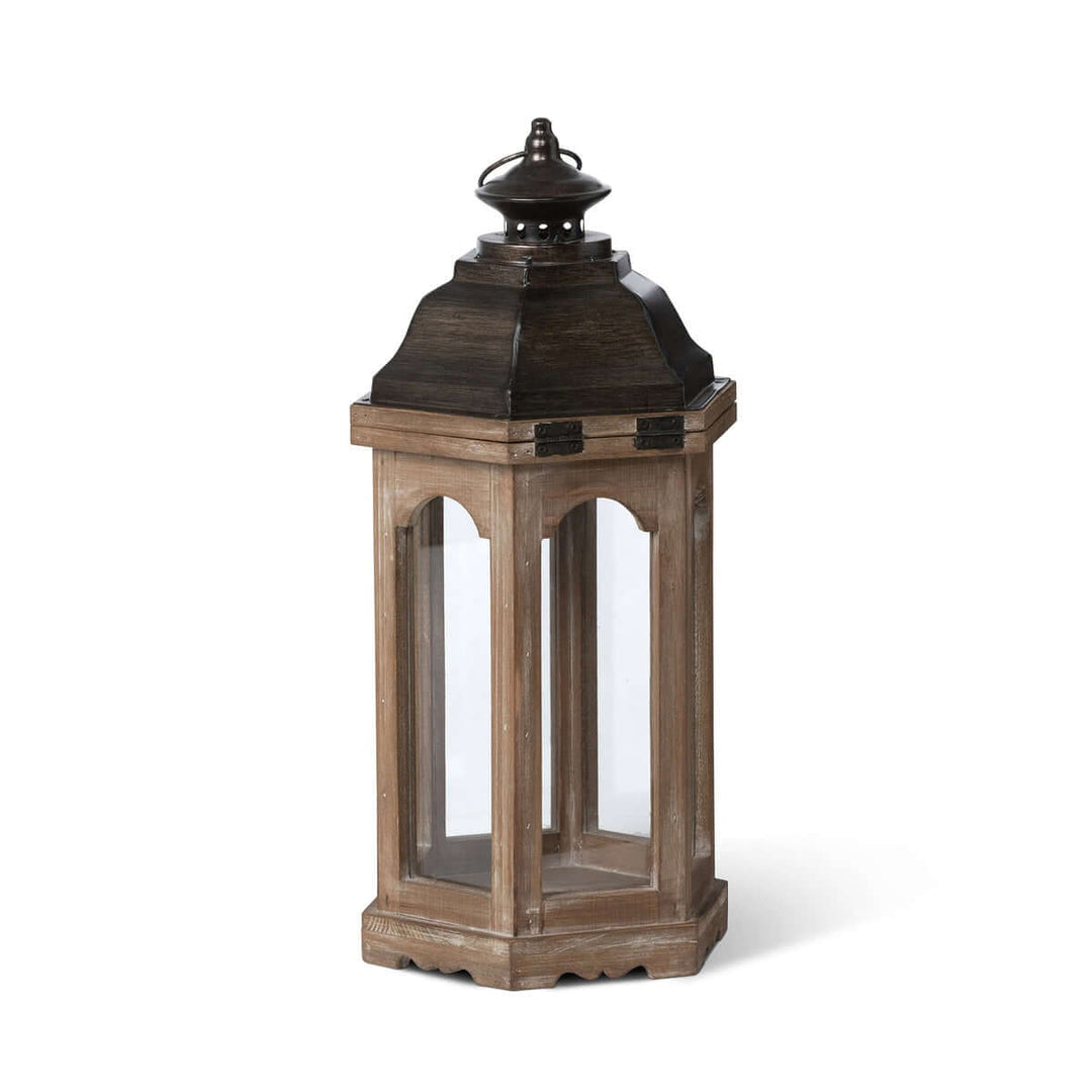 Vintage rustic wooden lantern with hexagonal shape, perfect for farmhouse and cottage decor, evocative of nostalgic candlelit evenings.